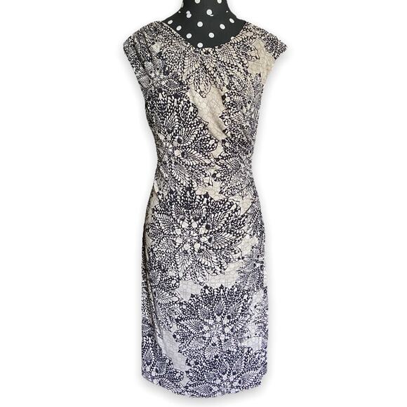 Connected Apparel Womens Dress Size 6 Faux Wrap Style Mandala Print Black Tan - Picture 1 of 4